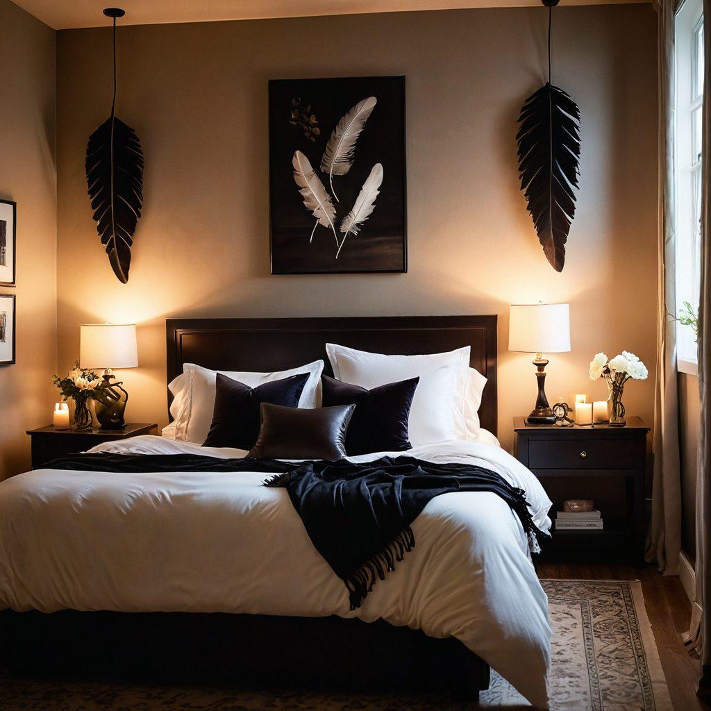 A cozy, intimate bedroom scene where two silhouettes are gently intertwined, surrounded by soft, ambient lighting. A tastefully arranged collection of whips, feathers, and romantic candles is subtly featured in the foreground, hinting at themes of desire and connection. The atmosphere is warm and inviting, enhancing a sense of intimacy and trust. delicate floral arrangements add a soft touch to the scene. soft focus, moody lighting, artistic photography.